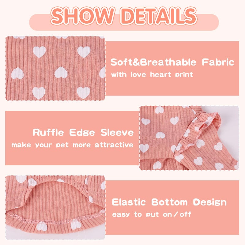 Yaopelky Dog Clothes for Small Medium Dogs Girl Heart Print Cat Tee Shirt Spring Summer Chihuahua Clothe Puppy Outfits Ruffle Long Sleeve Doggy Shirts Pet Outfit - Image 3
