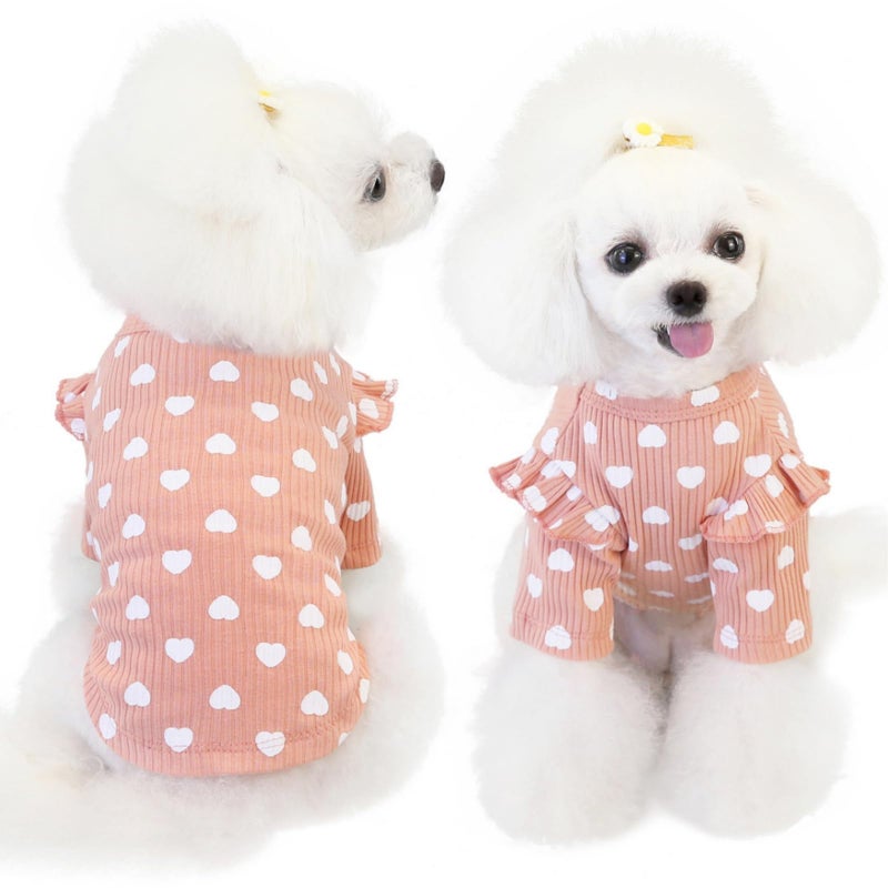 Yaopelky Dog Clothes for Small Medium Dogs Girl Heart Print Cat Tee Shirt Spring Summer Chihuahua Clothe Puppy Outfits Ruffle Long Sleeve Doggy Shirts Pet Outfit - Image 1