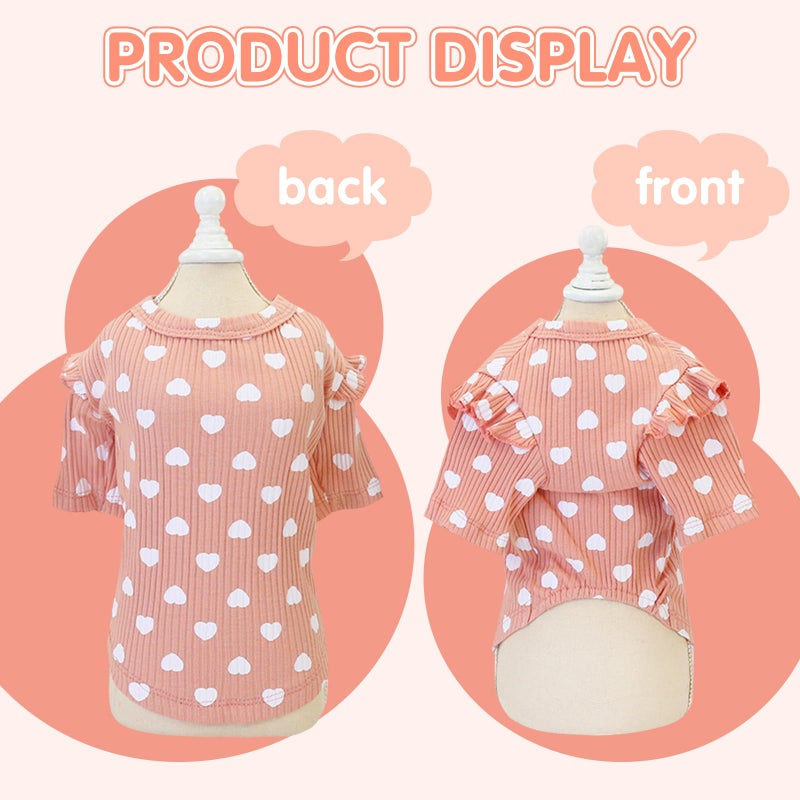 Yaopelky Dog Clothes for Small Medium Dogs Girl Heart Print Cat Tee Shirt Spring Summer Chihuahua Clothe Puppy Outfits Ruffle Long Sleeve Doggy Shirts Pet Outfit - Image 2