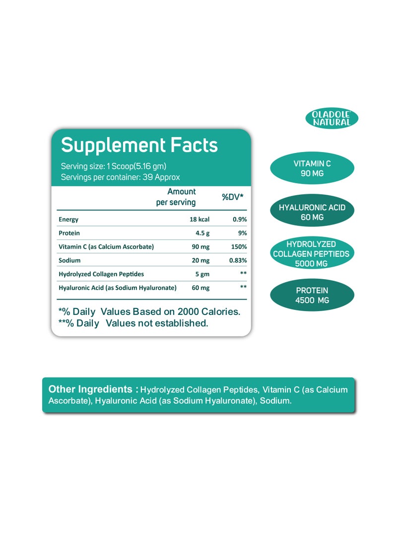 Oladole Natural Collagen Peptides Powder Enriched With Hyaluronic Acid, Premium Hydrolyzed Marine Collagen - 201g - Image 3