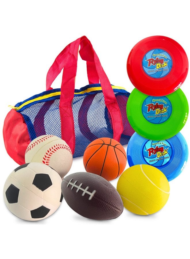 Toysery Toysery Foam Sports Balls Toddler Toys Set with Carry Bag - Includes Football, Soccer Ball, Tennis Ball, Basketball, Baseball, Kickball, & 3 Fresbee Discs - Soft Balls for Kids and Toddlers Ages 1-3  - Image 1
