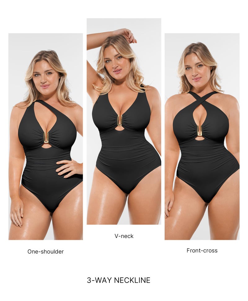 SHAPELLX Shapewear Swimsuit for Women Tummy Control V Neck One Piece Bathing Suit Ruched Full Coverage Swimwear Black M - Image 2