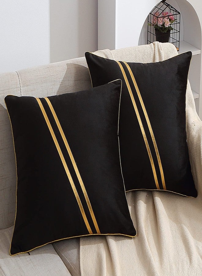 WACOMECO Pack of 2 Gold Throw Pillow Covers - Soft Decorative Luxury Velvet Cushion Covers Pillow Cases with Gold Leather for Sofa Bedroom Livingroom Car, 18 x 18 in, Black - Image 1