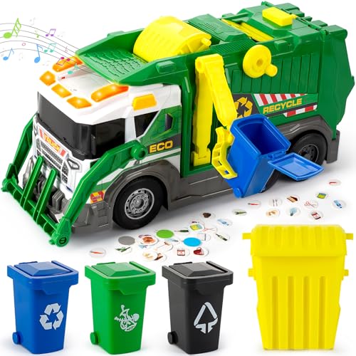 Hodurgyi Large Garbage Truck Toy Set for Boys Ages 3 4 5 6 7 8 Kids Trash Truck with Sound Light Dumpster Trash Bins and Learning Cards Friction Powered Garbage Trucks Christmas Birthday Gifts for Toddler - Image 1