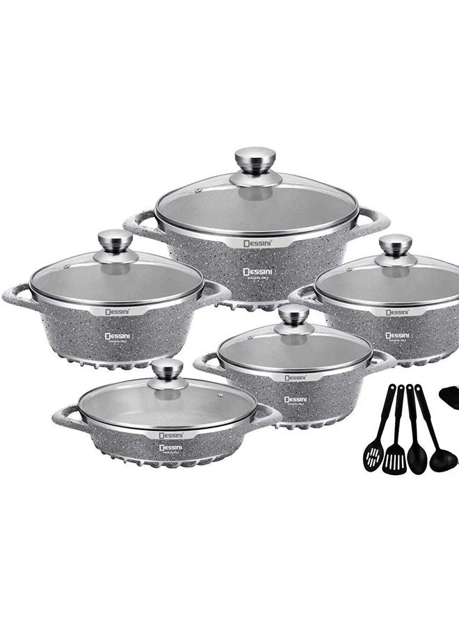 DESSINI 17-Piece Granite Cookware Set Includes 1xCasserole With Lid 20 cm, 1xCasserole With Lid 24 cm ,1xCasserole With Lid 28 cm, 1xCasserole With Lid 32 cm, 1xShallow Casserole With Lid 28 cm, 7-Piece Cooking Tools Grey - Image 2
