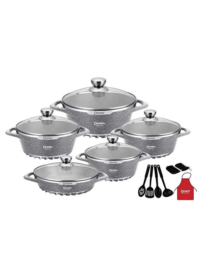 DESSINI 17-Piece Granite Cookware Set Includes 1xCasserole With Lid 20 cm, 1xCasserole With Lid 24 cm ,1xCasserole With Lid 28 cm, 1xCasserole With Lid 32 cm, 1xShallow Casserole With Lid 28 cm, 7-Piece Cooking Tools Grey - Image 1