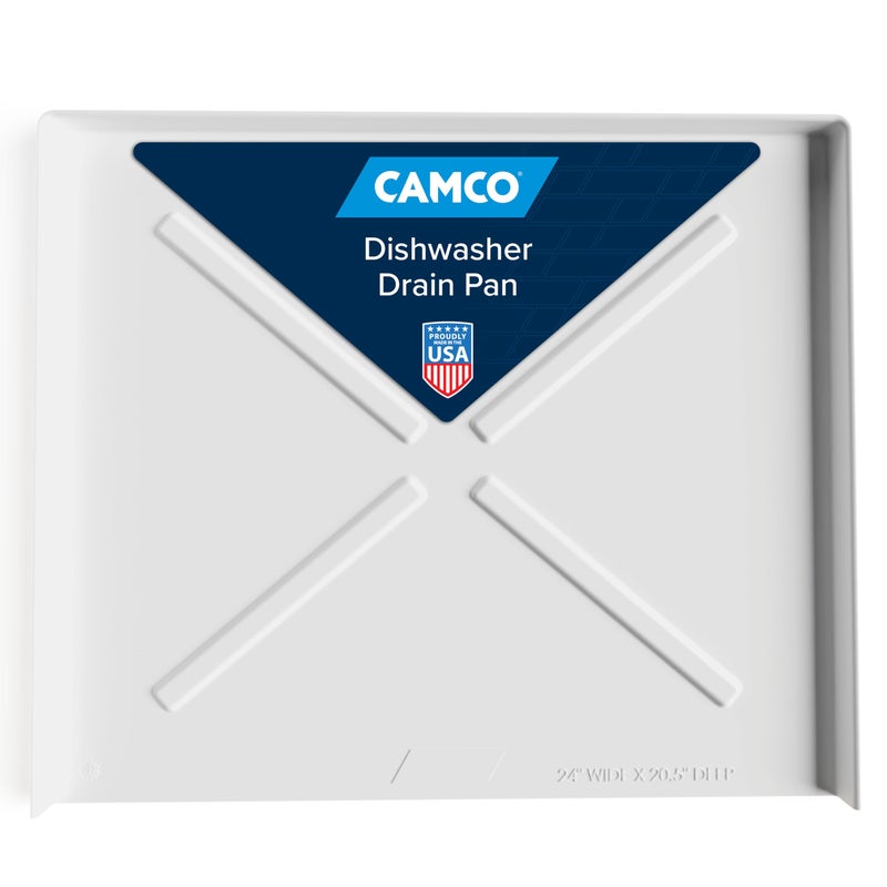 Camco Dishwasher Drain Pan  Protects Floors Cabinets Walls  Features Front Opening for Easy Leak Detection  Crafted of HeavyDuty Polymer  24 x 2012 20600