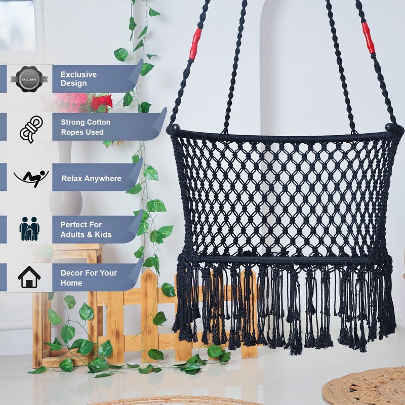JULJULIA CShape Premium Hammock Swing Hanging Rectangle Shape Swing for Adults Kids Sturdy Cotton IndoorOutdoor Jula for Balcony Black Pack of 1 - Image 5