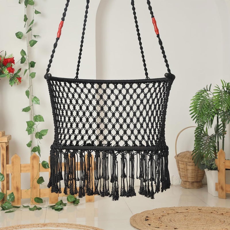 JULJULIA CShape Premium Hammock Swing Hanging Rectangle Shape Swing for Adults Kids Sturdy Cotton IndoorOutdoor Jula for Balcony Black Pack of 1 - Image 2