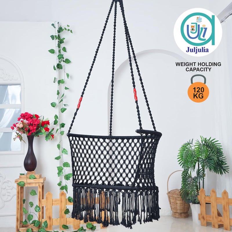 JULJULIA CShape Premium Hammock Swing Hanging Rectangle Shape Swing for Adults Kids Sturdy Cotton IndoorOutdoor Jula for Balcony Black Pack of 1 - Image 4