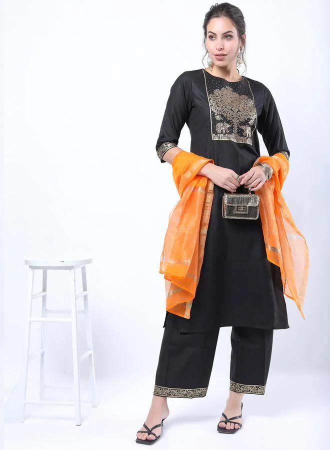 Ketch Foil Print Straight Kurta and Palazzo with Dupatta Set by Styli