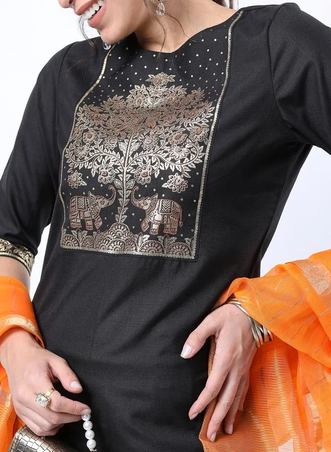 Ketch Foil Print Straight Kurta and Palazzo with Dupatta Set by Styli