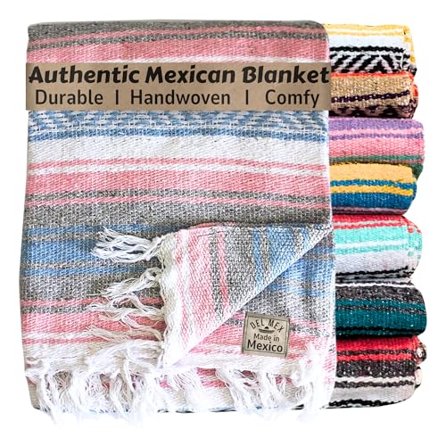 Del Mex Classic Mexican Blanket, Large Authentic Woven Falsa Throw (70"x50"), Artisan Southwest Décor for Beach, Yoga, Outdoors (Light Pink/Blue) - Image 1