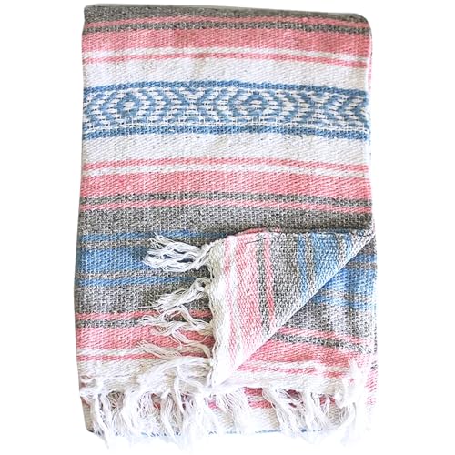 Del Mex Classic Mexican Blanket, Large Authentic Woven Falsa Throw (70"x50"), Artisan Southwest Décor for Beach, Yoga, Outdoors (Light Pink/Blue) - Image 5