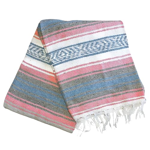 Del Mex Classic Mexican Blanket, Large Authentic Woven Falsa Throw (70"x50"), Artisan Southwest Décor for Beach, Yoga, Outdoors (Light Pink/Blue) - Image 4
