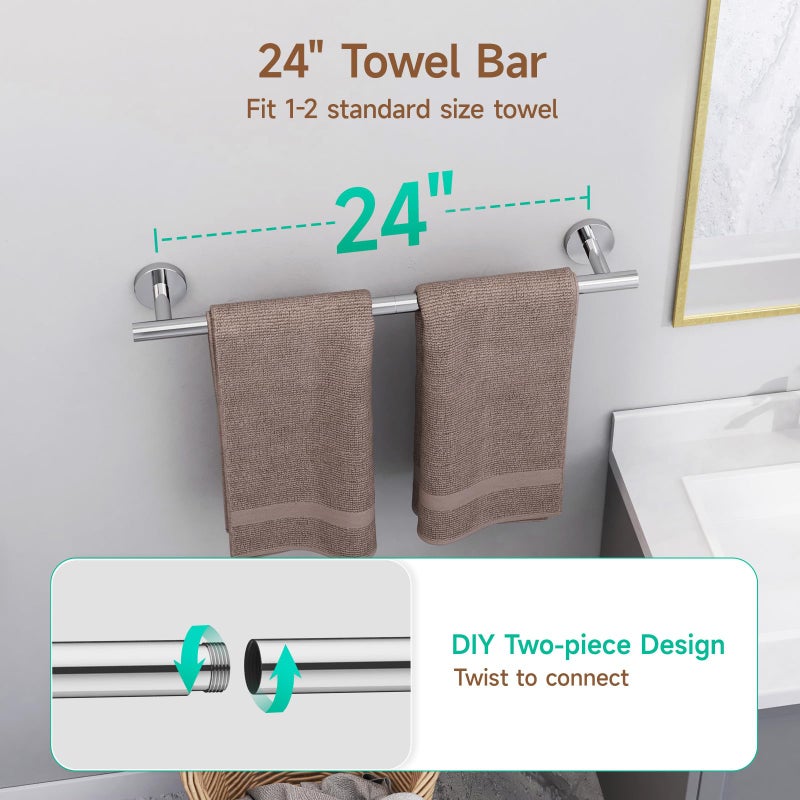 USHOWER Polished Chrome Bathroom Accessories Set  24-Inch Towel Bar Set Wall Mounted  Durable SUS304 Stainless Steel Bathroom Hardware Set  4-Piece - Image 2