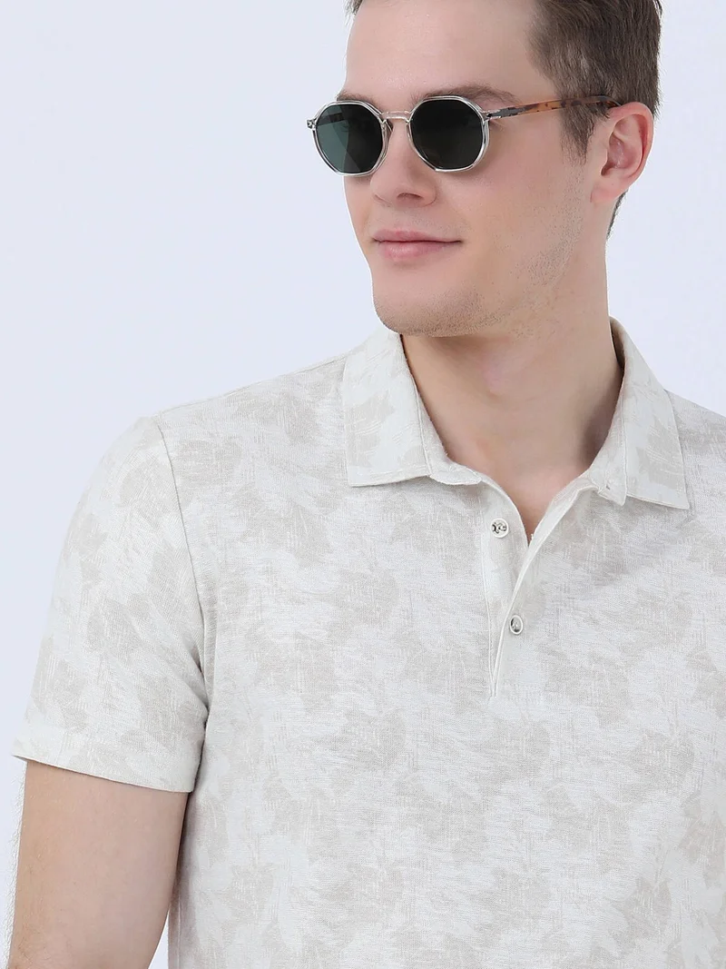 كيب Beige Printed Polo Collar Cotton Blend T-Shirt