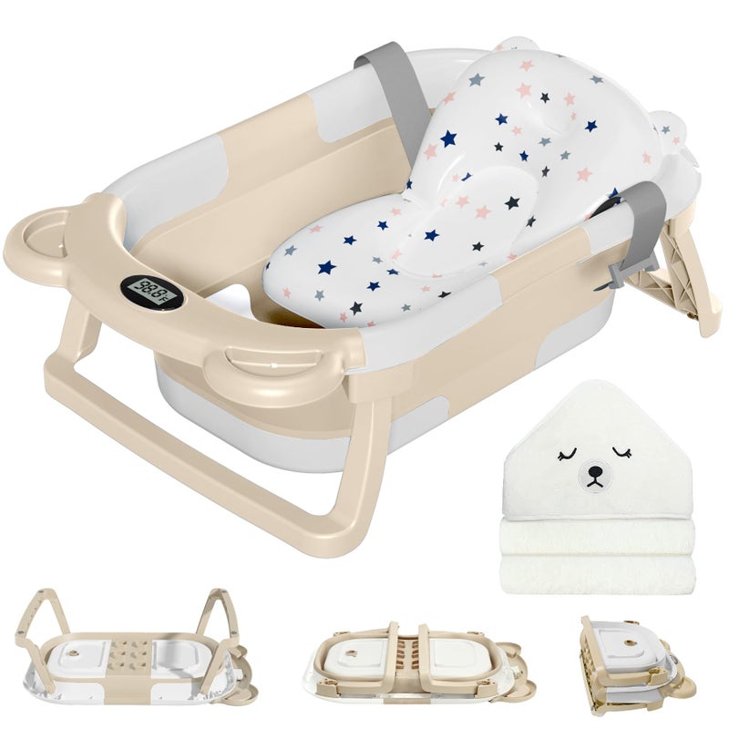 MoreFeel Collapsible Baby Bathtub for Newborn with Thermometer 1 Hooded Towel 1 Soft Floating CushionPortable Travel Bathtub with Drain Hole Durable Foldable Baby Tubs for Infants to Toddler