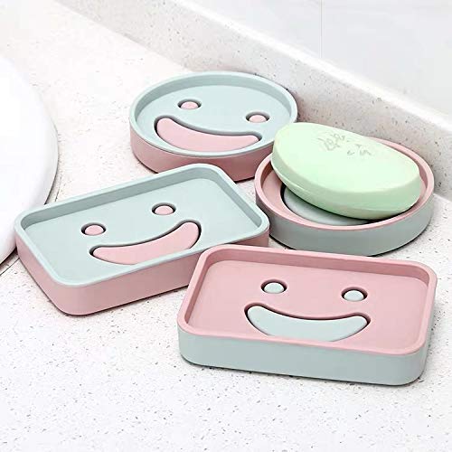 OANGO Smiley Face Double Layer PP Soapbox Soap Holder Smile Dish (Random Color Pink/Blue) (Round) - Image 4