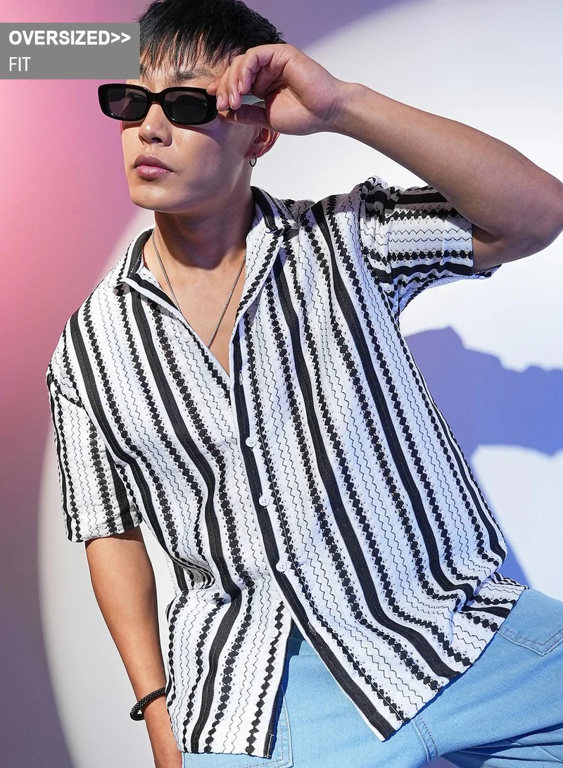 Campus Sutra Campus Sutra Men's Midnight Black & Ivory White Bohemian Knit Oversized Shirt For Casual Wear | Spread Collar | Short Sleeve | Button Closure | Shirt Crafted With Comfort Fit For Everyday Wear