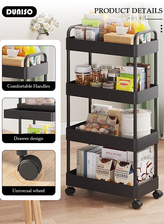 DUNISO 4-Tier Rolling Utility Cart with Drawer, Multifunctional Storage Organizer, Rolling Cart with Plastic Shelf & Metal Wheels,Storage Cart for Kitchen, Bathroom, Living Room, Office  - Image 2