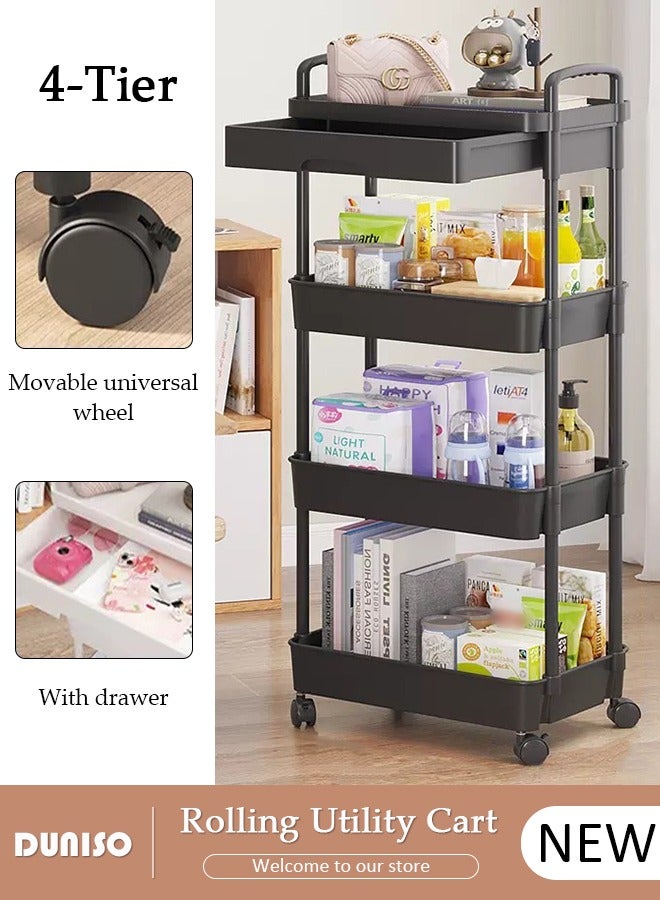 DUNISO 4-Tier Rolling Utility Cart with Drawer, Multifunctional Storage Organizer, Rolling Cart with Plastic Shelf & Metal Wheels,Storage Cart for Kitchen, Bathroom, Living Room, Office  - Image 1