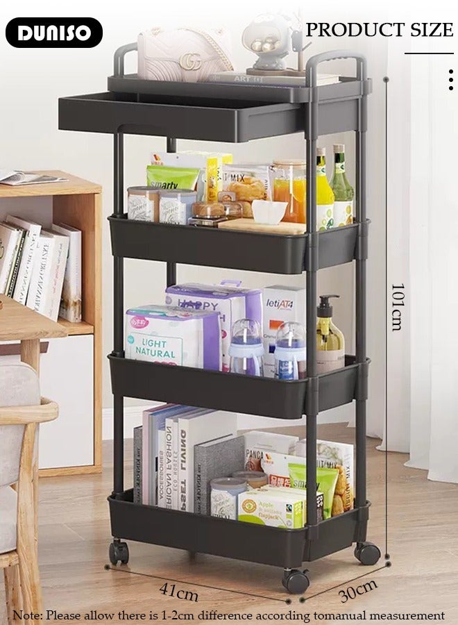 DUNISO 4-Tier Rolling Utility Cart with Drawer, Multifunctional Storage Organizer, Rolling Cart with Plastic Shelf & Metal Wheels,Storage Cart for Kitchen, Bathroom, Living Room, Office  - Image 4