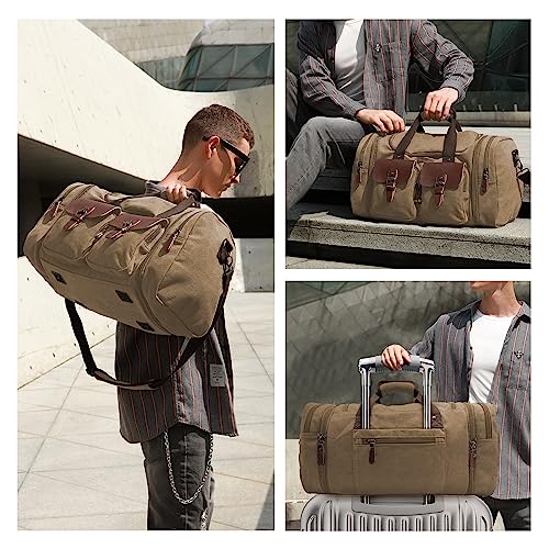 Wildroad 60L Travel Duffel Bag, Expandable Canvas Genuine Leather Duffle Bag Upgraded Overnight Weekender Bag Carry on Bag (Coffee, X Large-60L) - Image 3