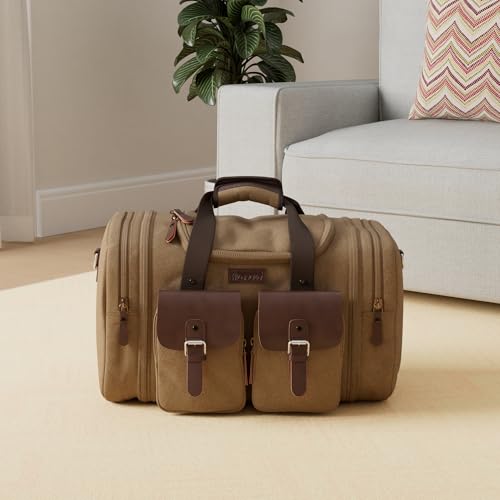 Wildroad 60L Travel Duffel Bag, Expandable Canvas Genuine Leather Duffle Bag Upgraded Overnight Weekender Bag Carry on Bag (Coffee, X Large-60L) - Image 2