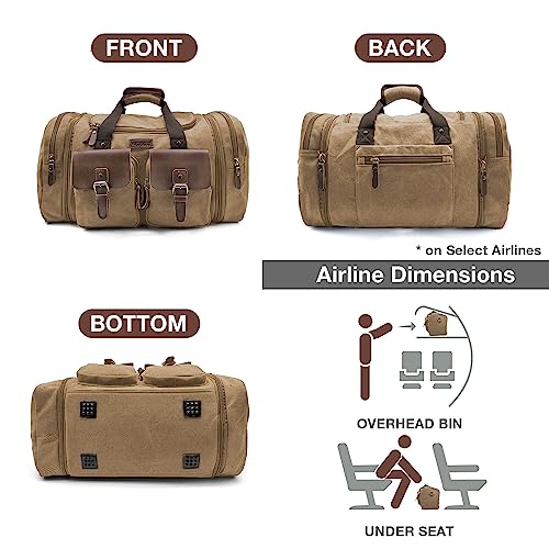Wildroad 60L Travel Duffel Bag, Expandable Canvas Genuine Leather Duffle Bag Upgraded Overnight Weekender Bag Carry on Bag (Coffee, X Large-60L) - Image 5