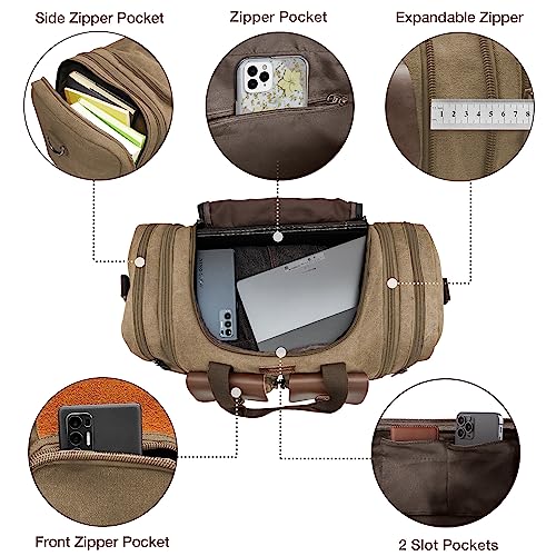 Wildroad 60L Travel Duffel Bag, Expandable Canvas Genuine Leather Duffle Bag Upgraded Overnight Weekender Bag Carry on Bag (Coffee, X Large-60L) - Image 4