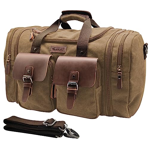 Wildroad 60L Travel Duffel Bag, Expandable Canvas Genuine Leather Duffle Bag Upgraded Overnight Weekender Bag Carry on Bag (Coffee, X Large-60L) - Image 1