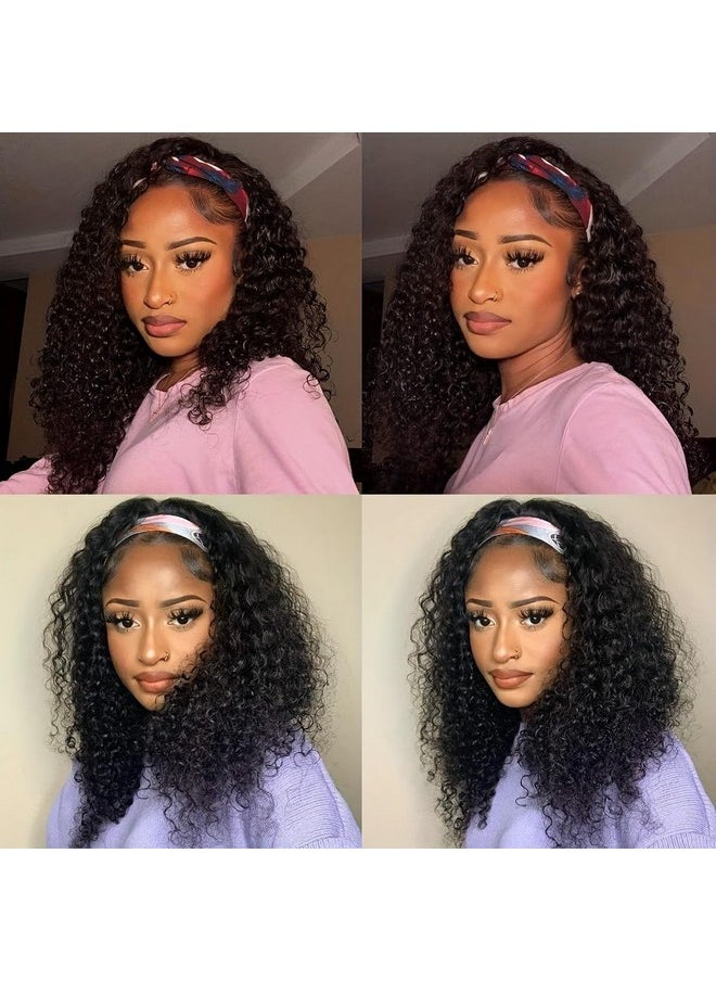 XSY Headband Wig Human Hair Deep Wave 16 Inch Wig Glueless Headband Wig Deep Wave None Lace Front Wigs Human Hair For Black Women 150% Density Wig Curly Hair Natural Color  - Image 3