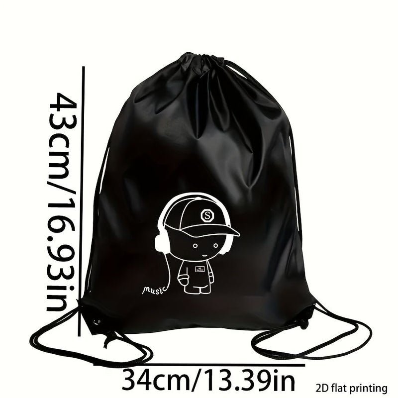 Black Drawstring Backpack For Sports Fitness Travel And Daily Commute With 2D Flat Printing - Image 2