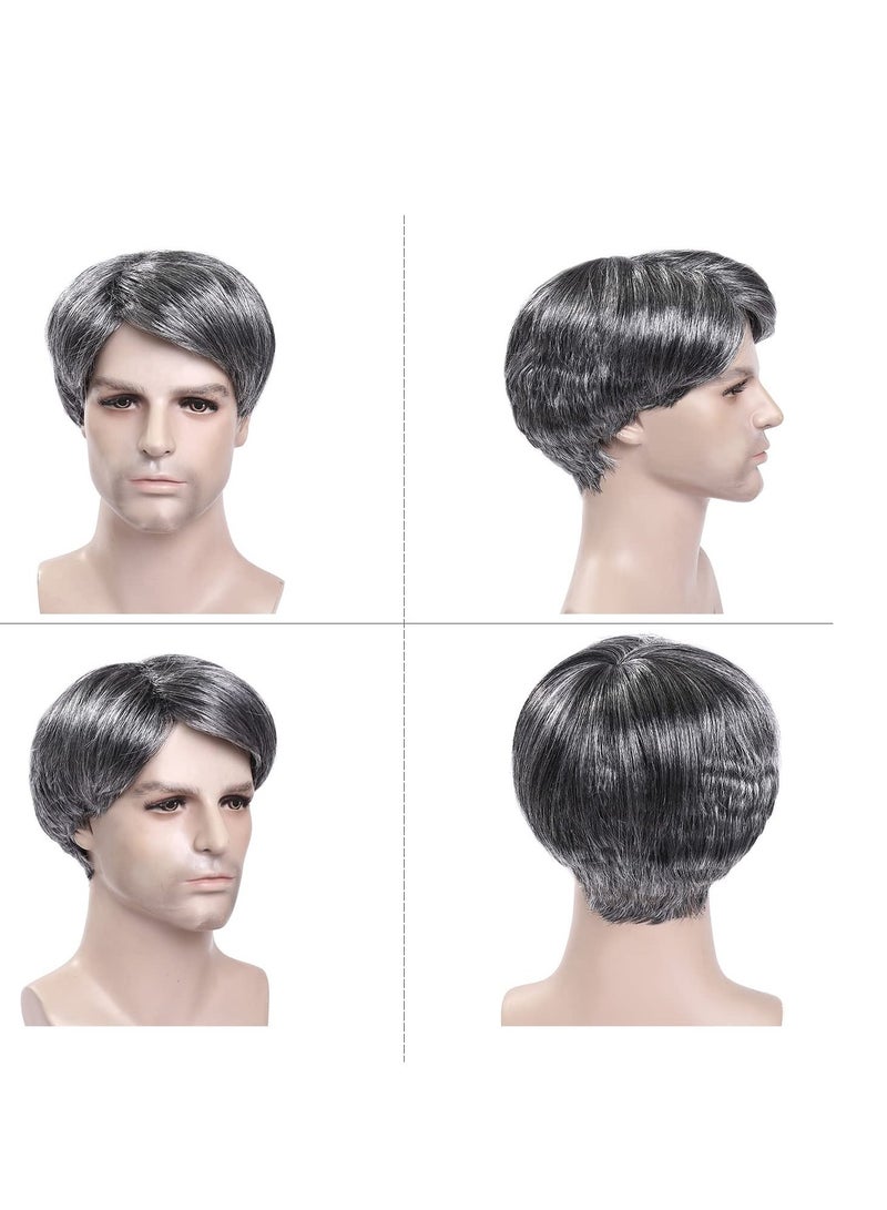 SOLARAE Old Man Costume for Kids, 6 Pcs Old Man Costume, Old Man Wig, with Flat Cap, Glasses, Toy Crutch and Eyebrow Mustache Stickers, for 100th Day of School, Grandpa Cosplay - Image 2