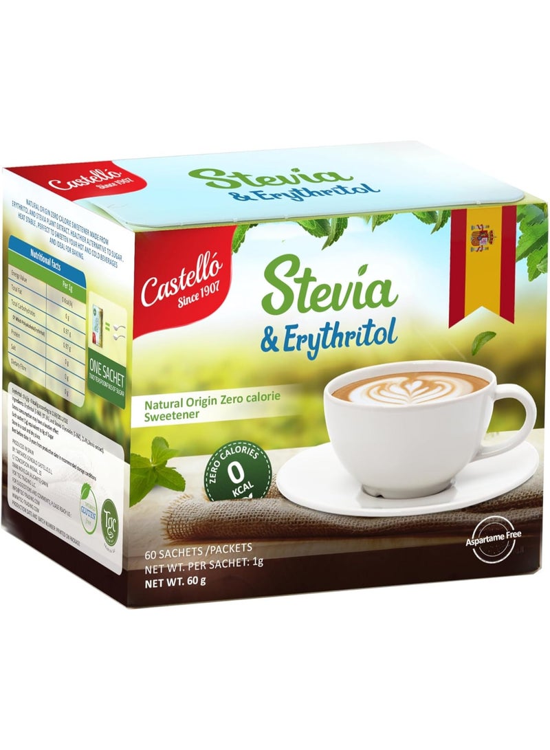كاستيللو منذ 1907 ستيفيا وإريثريتول، مُحلي طبيعي خالٍ من السعرات الحرارية والأسبارتام، 60 كيسًا، 60 غرامًا