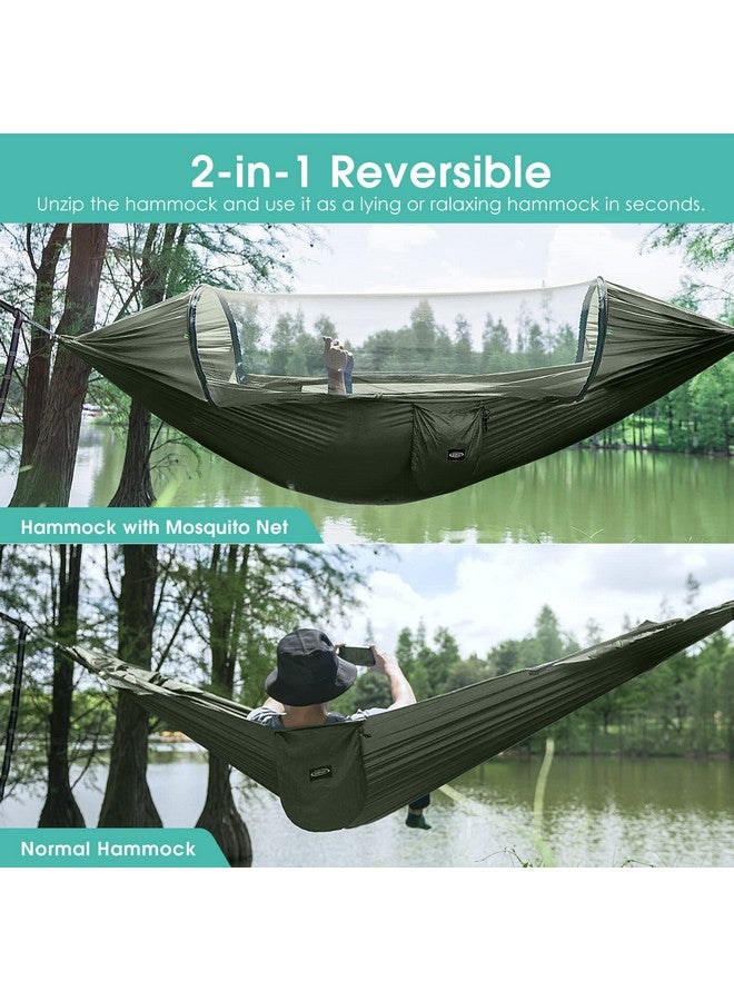 G4Free Large Camping Hammock with Mosquito Net Pop-up Parachute Lightweight Hanging Hammocks Tree Straps Swing Hammock Bed for Outdoor Backpacking Backyard Hiking (Army Green) - Image 2