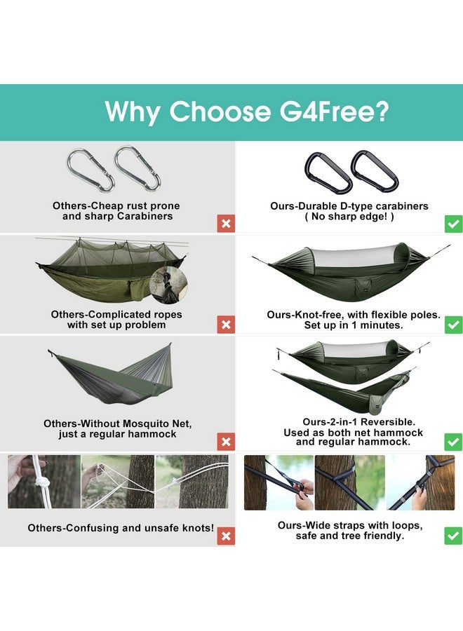 G4Free Large Camping Hammock with Mosquito Net Pop-up Parachute Lightweight Hanging Hammocks Tree Straps Swing Hammock Bed for Outdoor Backpacking Backyard Hiking (Army Green) - Image 4