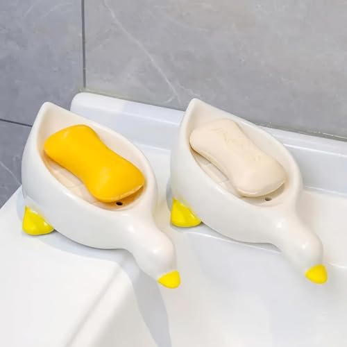 FLYMORE Duck-Shape Self Draining Soap Dish Holder, Easy Clean Soap Dish for Shower with Suction Cup Creative soap Box, for Bathroom, Kitchen, Bathtub, Wash basins (White,Plastic, Pack of 2) - Image 1