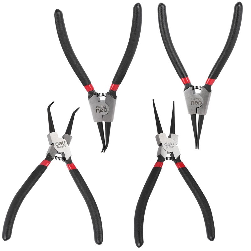 Deli DL104407 7x4 Circlip Pliers Sets with 40CrV Steel Heavy Duty Combination Retaining Hand Tool with Bent Nose Tip Anti Slip Grip Snap Ring Plier Kit for Shafts CirclipFitting 4Pc Black - Image 1