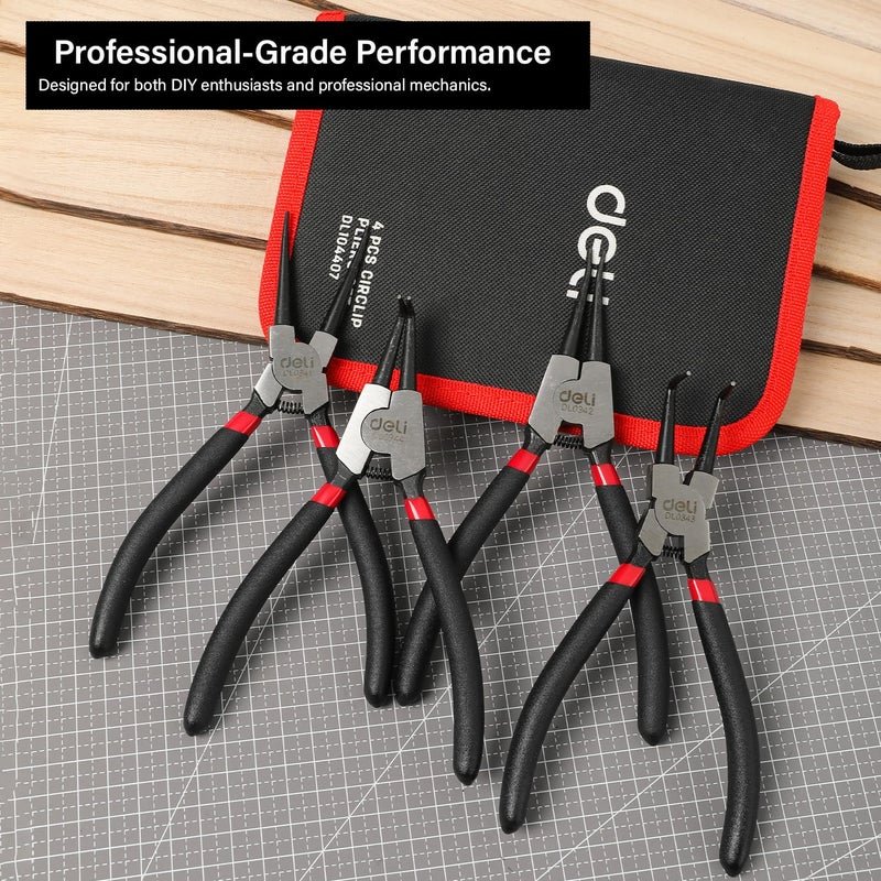 Deli DL104407 7x4 Circlip Pliers Sets with 40CrV Steel Heavy Duty Combination Retaining Hand Tool with Bent Nose Tip Anti Slip Grip Snap Ring Plier Kit for Shafts CirclipFitting 4Pc Black - Image 4