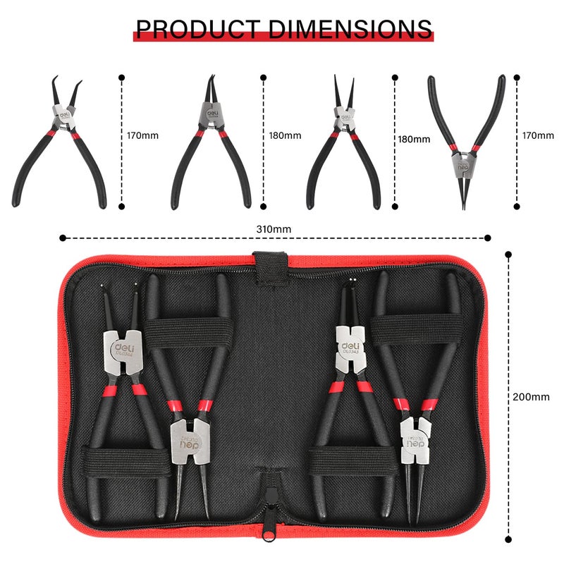 Deli DL104407 7x4 Circlip Pliers Sets with 40CrV Steel Heavy Duty Combination Retaining Hand Tool with Bent Nose Tip Anti Slip Grip Snap Ring Plier Kit for Shafts CirclipFitting 4Pc Black - Image 2