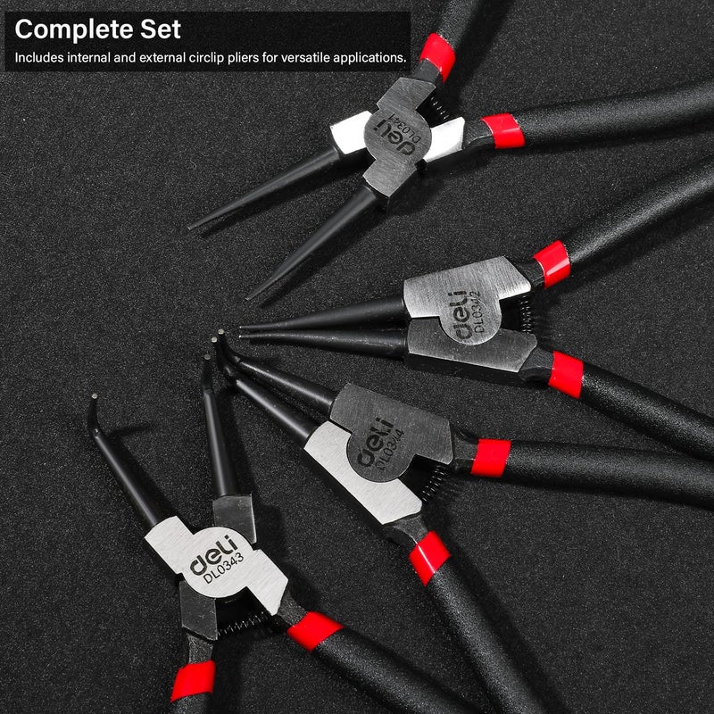 Deli DL104407 7x4 Circlip Pliers Sets with 40CrV Steel Heavy Duty Combination Retaining Hand Tool with Bent Nose Tip Anti Slip Grip Snap Ring Plier Kit for Shafts CirclipFitting 4Pc Black - Image 5