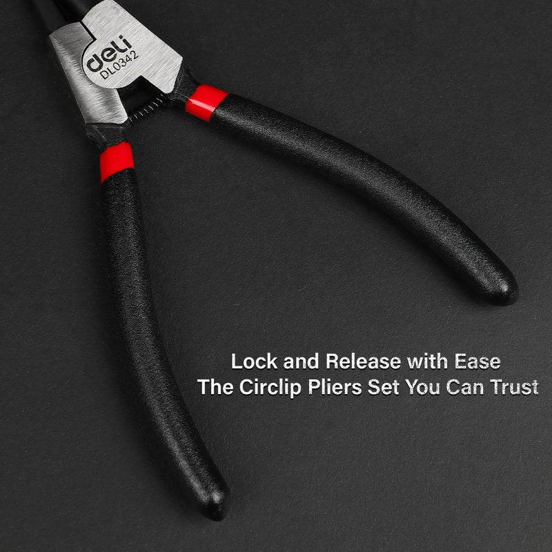 Deli DL104407 7x4 Circlip Pliers Sets with 40CrV Steel Heavy Duty Combination Retaining Hand Tool with Bent Nose Tip Anti Slip Grip Snap Ring Plier Kit for Shafts CirclipFitting 4Pc Black - Image 3