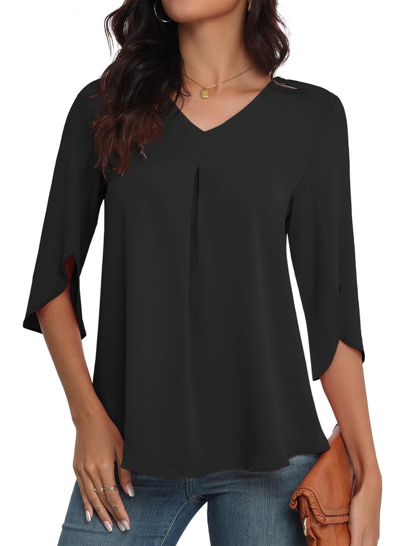 LAOLASI Summer Blouses Ruffle Split Short Sleeve V Neck Casual Dressy Blouse Office Elegant Ladies Fashion Tops Shirts,Black,M - Image 4