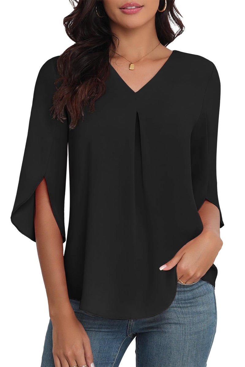LAOLASI Summer Blouses Ruffle Split Short Sleeve V Neck Casual Dressy Blouse Office Elegant Ladies Fashion Tops Shirts,Black,M - Image 1