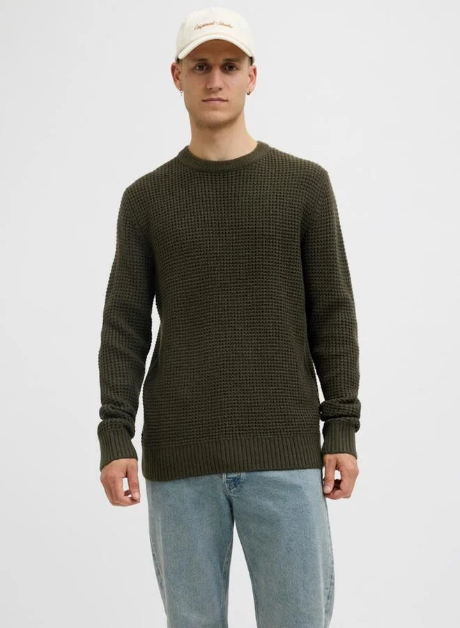 JACK & JONES Dark Green Waffle Knit Crew Neck Sweater