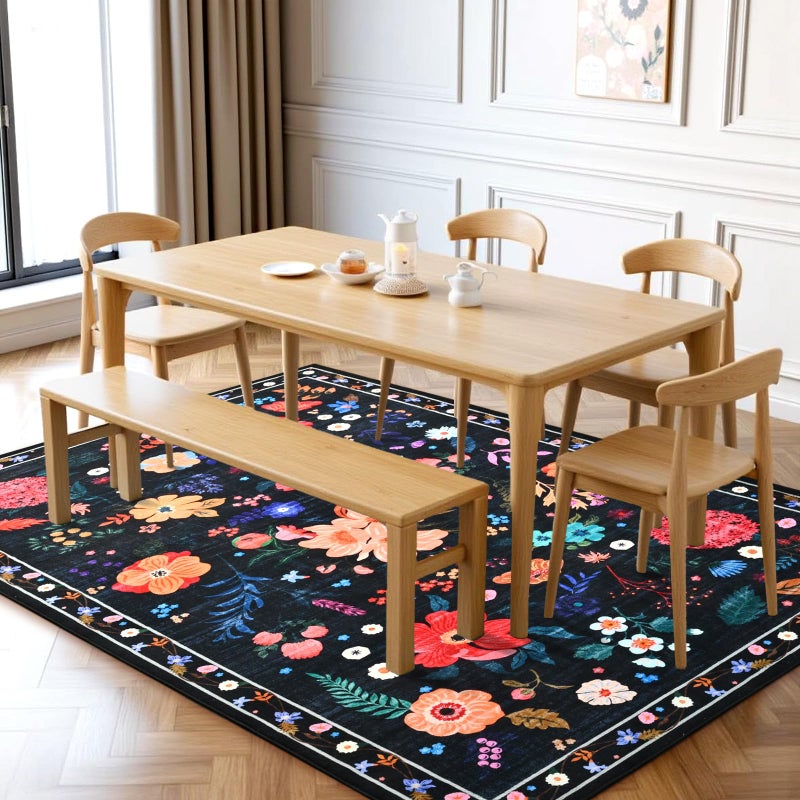 Terrug Floral Large Area Rug for Living Room, 5x7 Black Washable Rug Boho Ultra-Thin Carpet, Soft Non Slip Stain Resistant Vintage Rug for Living Room, Bedroom, Dorm, Dining Room, Office - Image 3