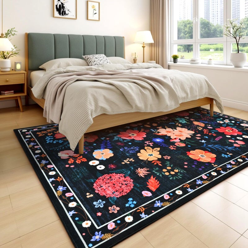 Terrug Floral Large Area Rug for Living Room, 5x7 Black Washable Rug Boho Ultra-Thin Carpet, Soft Non Slip Stain Resistant Vintage Rug for Living Room, Bedroom, Dorm, Dining Room, Office - Image 2