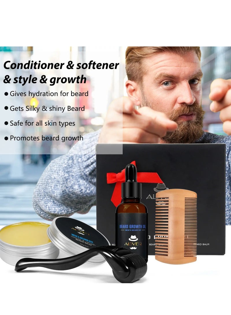 ALIVER طقم نمو اللحية مع زيت نمو اللحية وبلسم اللحية ودوران اللحية للعناية بالرجال طقم تشذيب اللحية مع مشط وسيروم نمو اللحية مع أسطوانة الإبر الدقيقة ونمو اللحية وطقم العناية باللحية - Image 2